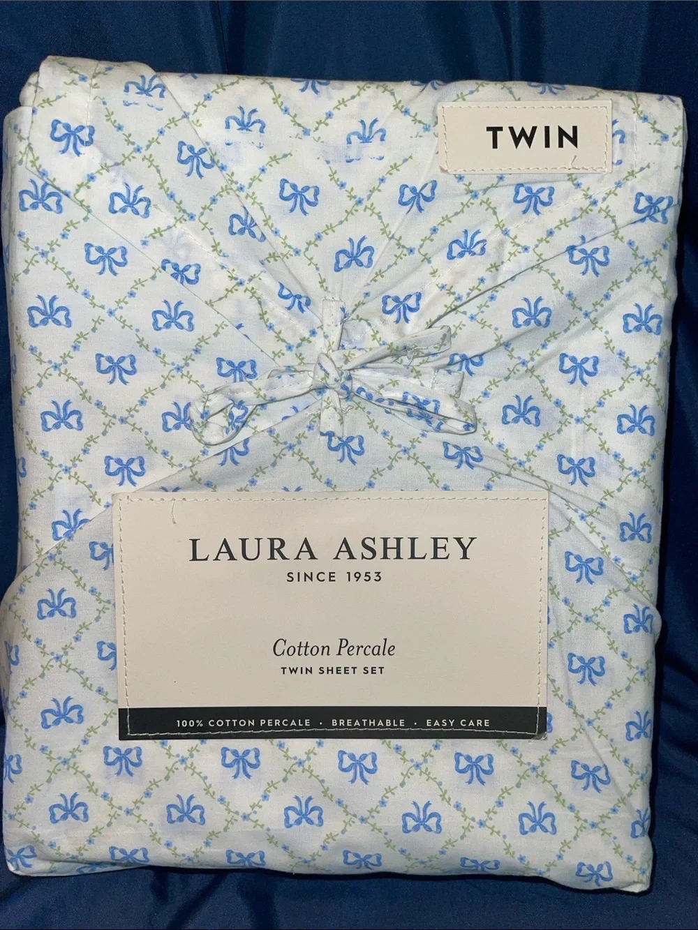 Laura Ashley Blue & White Bow Cotton Percale Twin Sheet Set